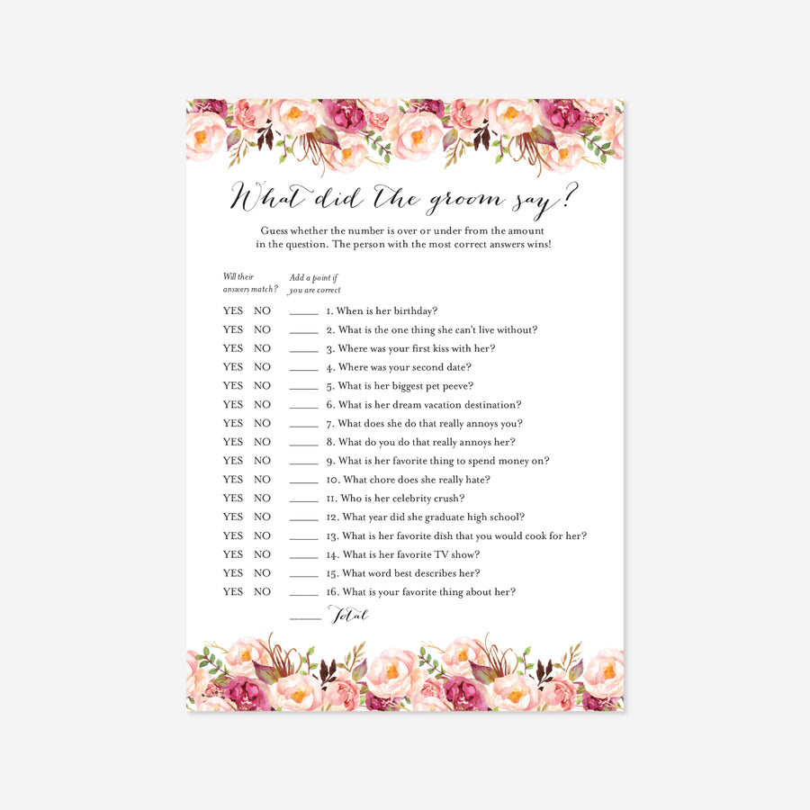 Pink Floral Bridal Shower What Did The Groom Say Game Printable