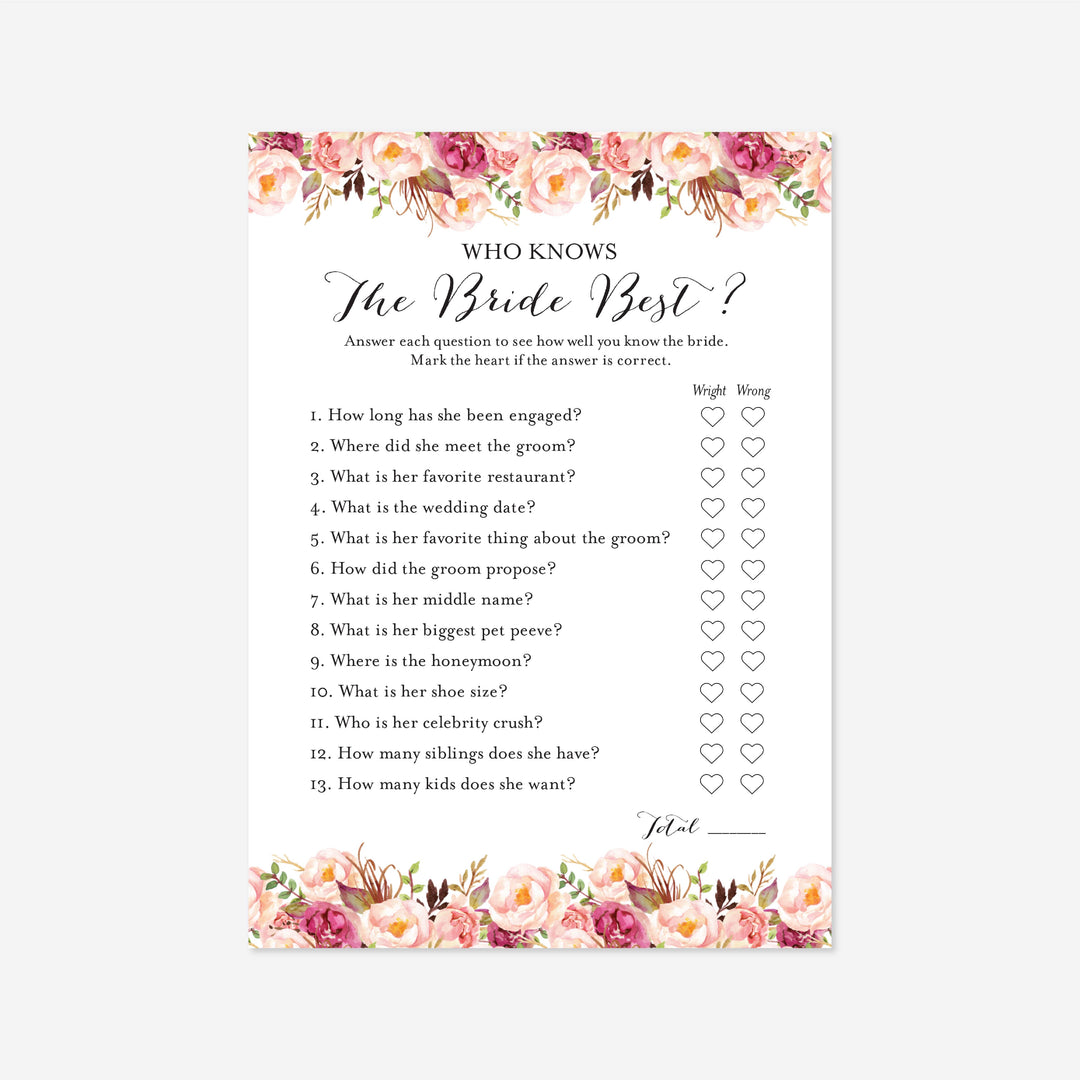 Pink Floral Bridal Shower Who Knows The Bride Best Game Printable