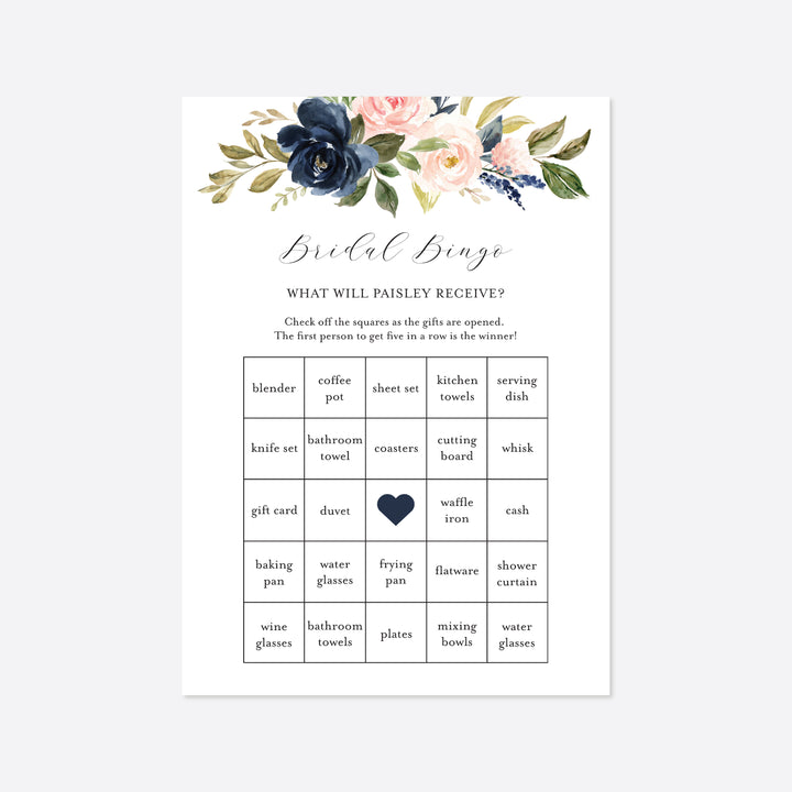 Navy Blush Bridal Shower Bingo Game Printable