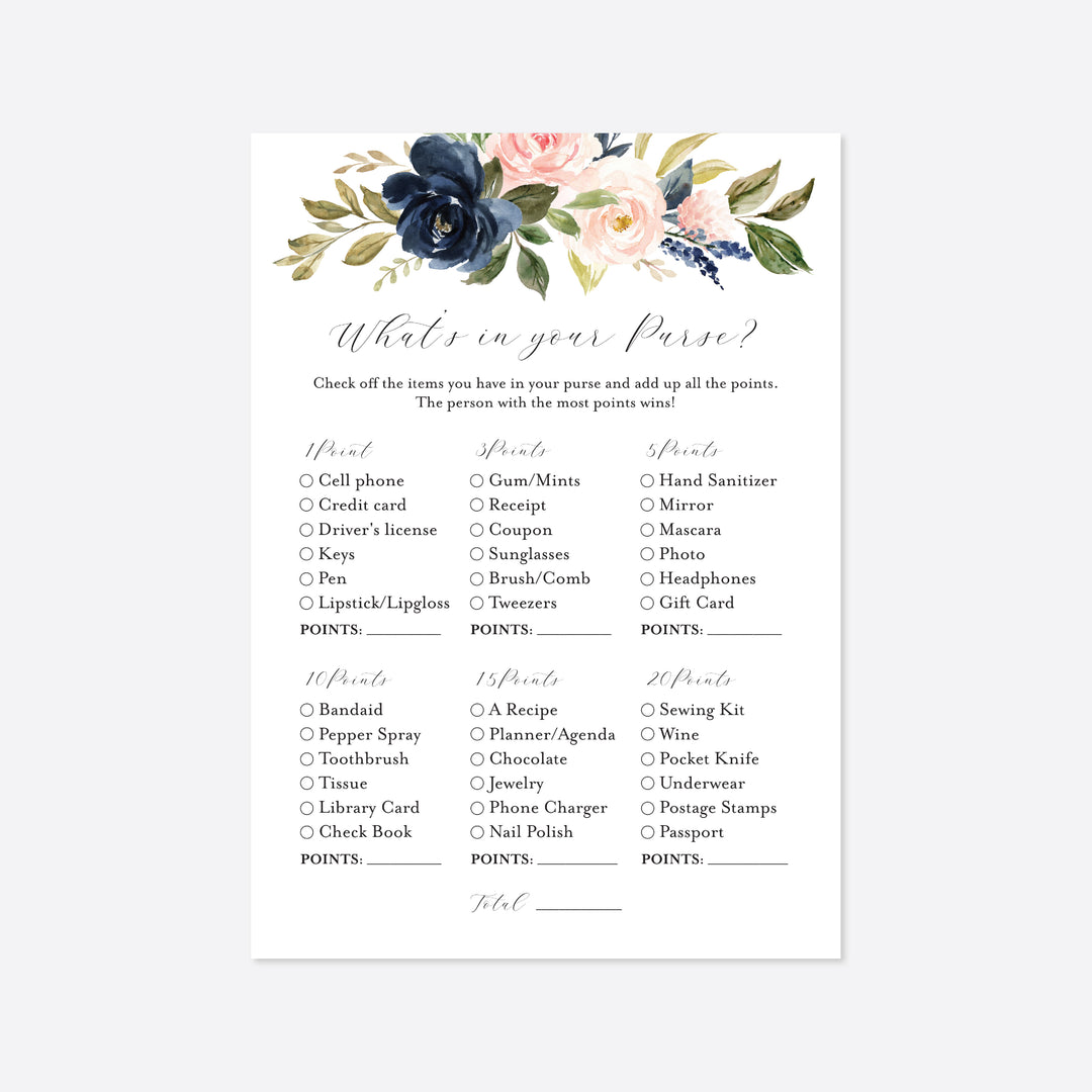 Navy Blush Bridal Shower What's In Your Purse Game Printable
