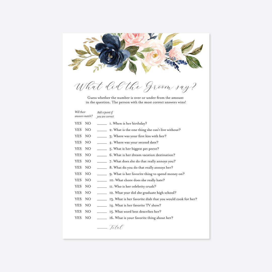 Navy Blush Bridal Shower What Did The Groom Say Game Printable