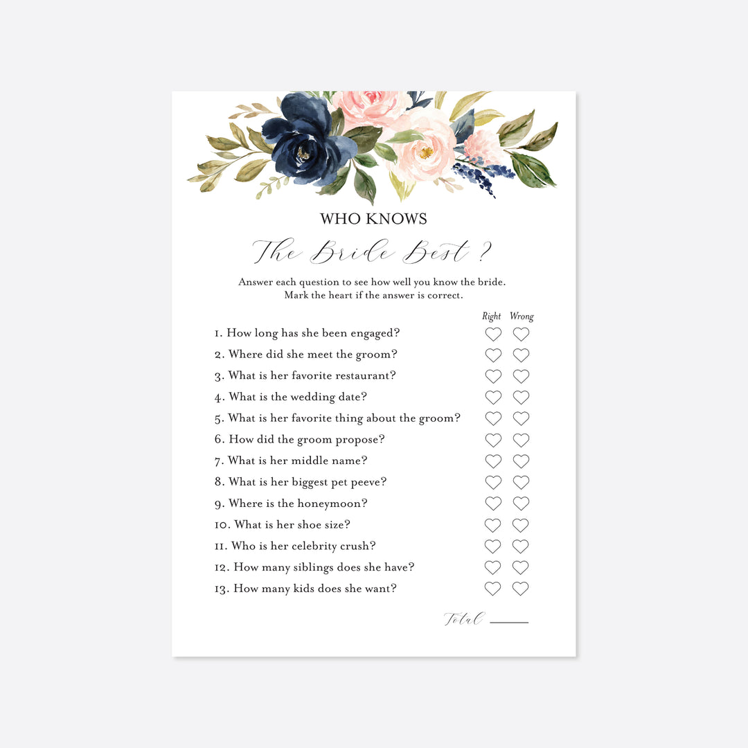 Navy Blush Bridal Shower Who Knows The Bride Best Game Printable