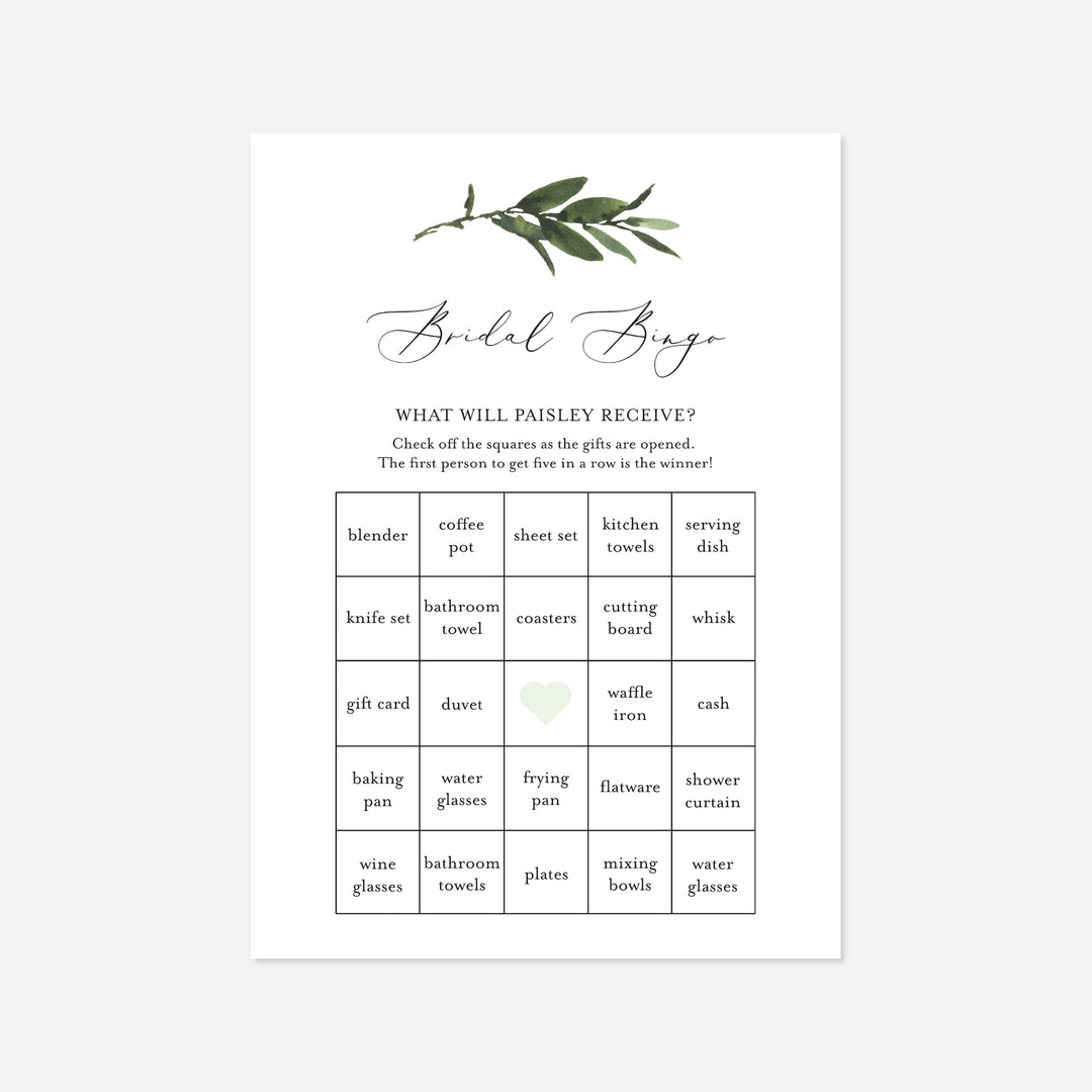 Foliage Bridal Shower Bingo Game Printable