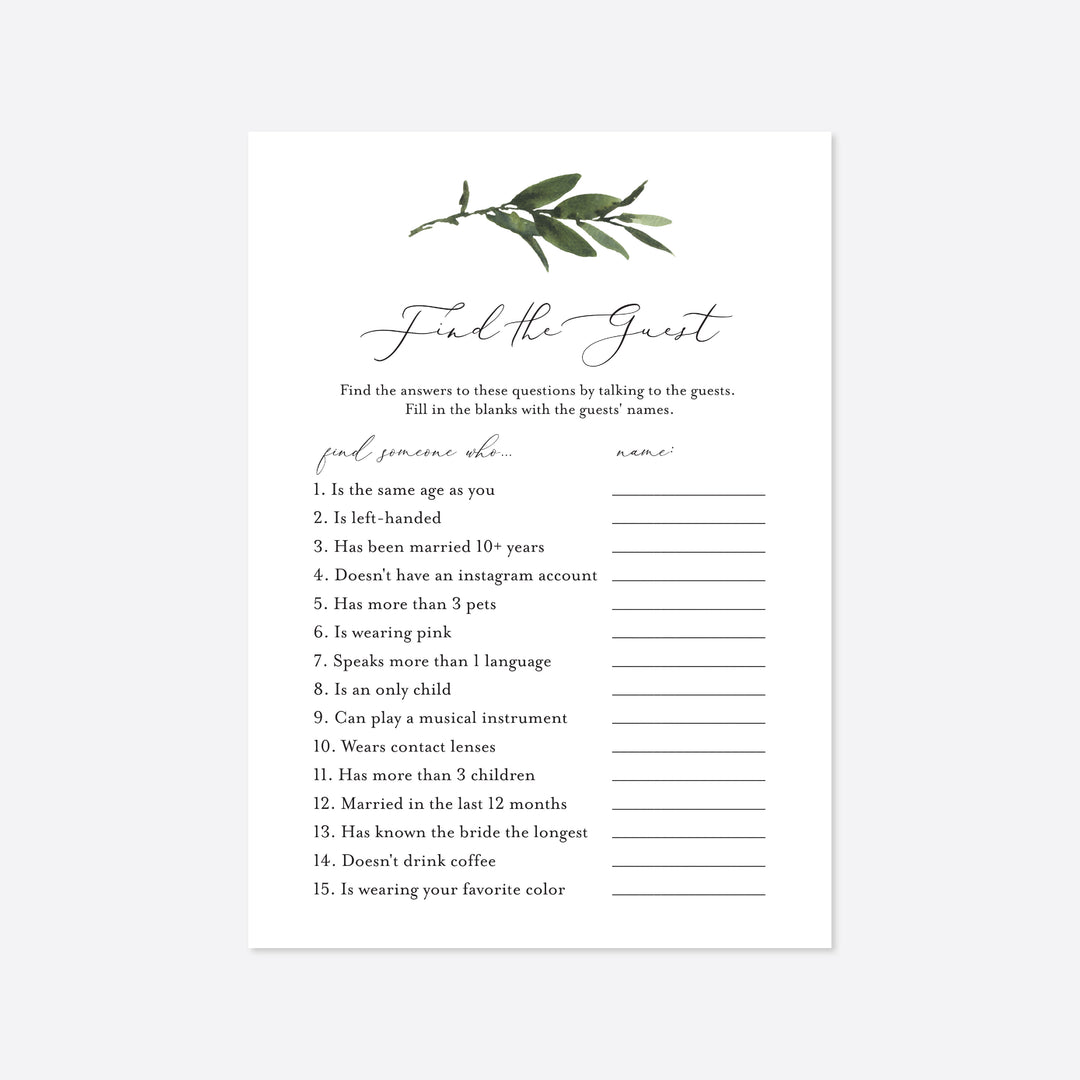 Foliage Bridal Shower Find The Guest Game Printable