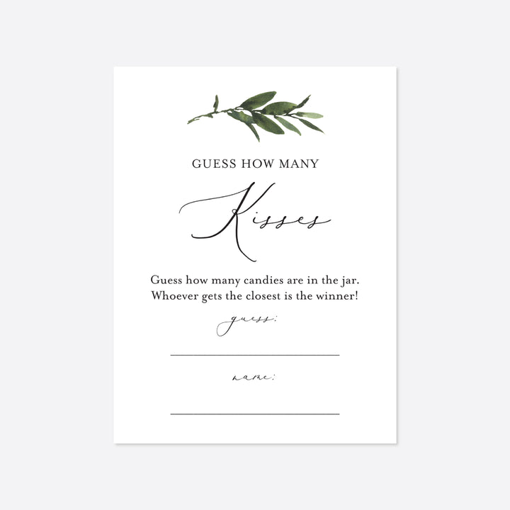 Foliage Bridal Shower Guess How Many Kisses Game Printable