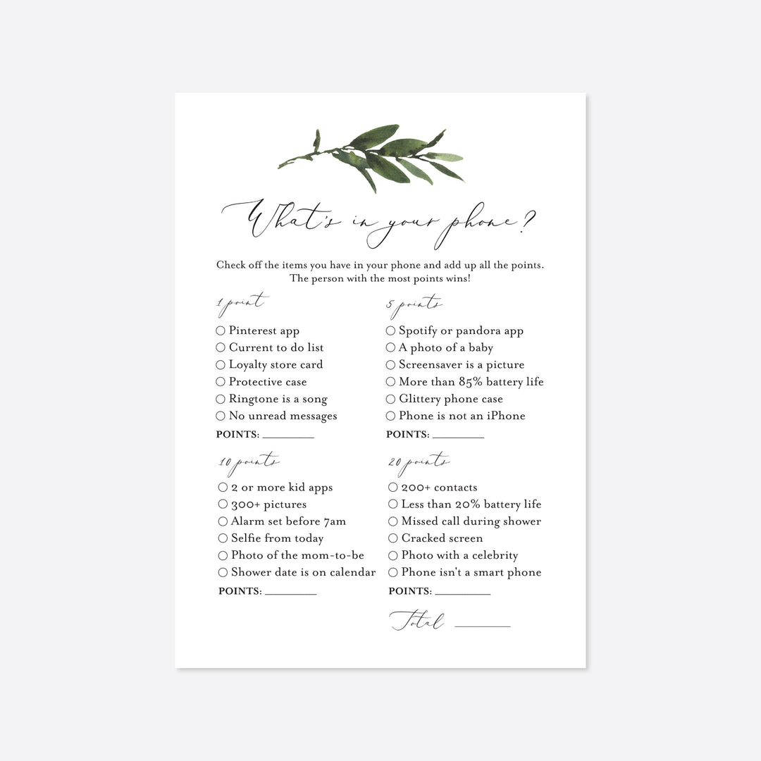 Foliage Bridal Shower What's In Your Phone Game Printable