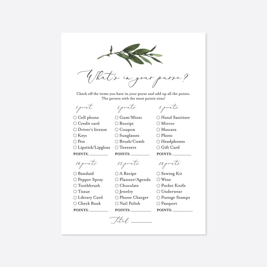 Foliage Bridal Shower What's In Your Purse Game Printable