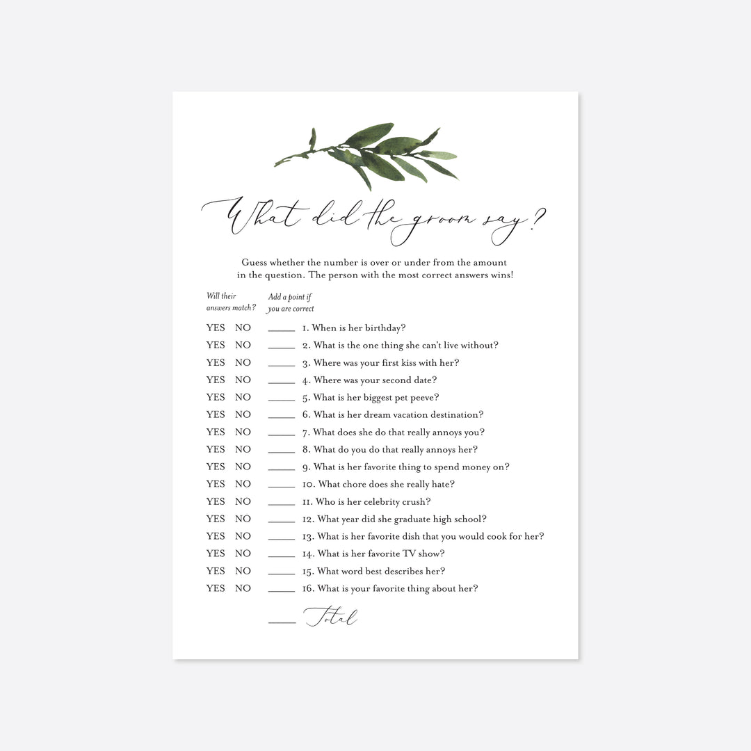 Foliage Bridal Shower What Did The Groom Say Game Printable