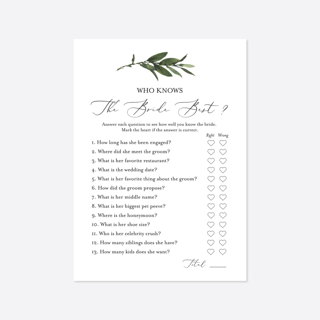 Foliage Bridal Shower Who Knows The Bride Best Game Printable