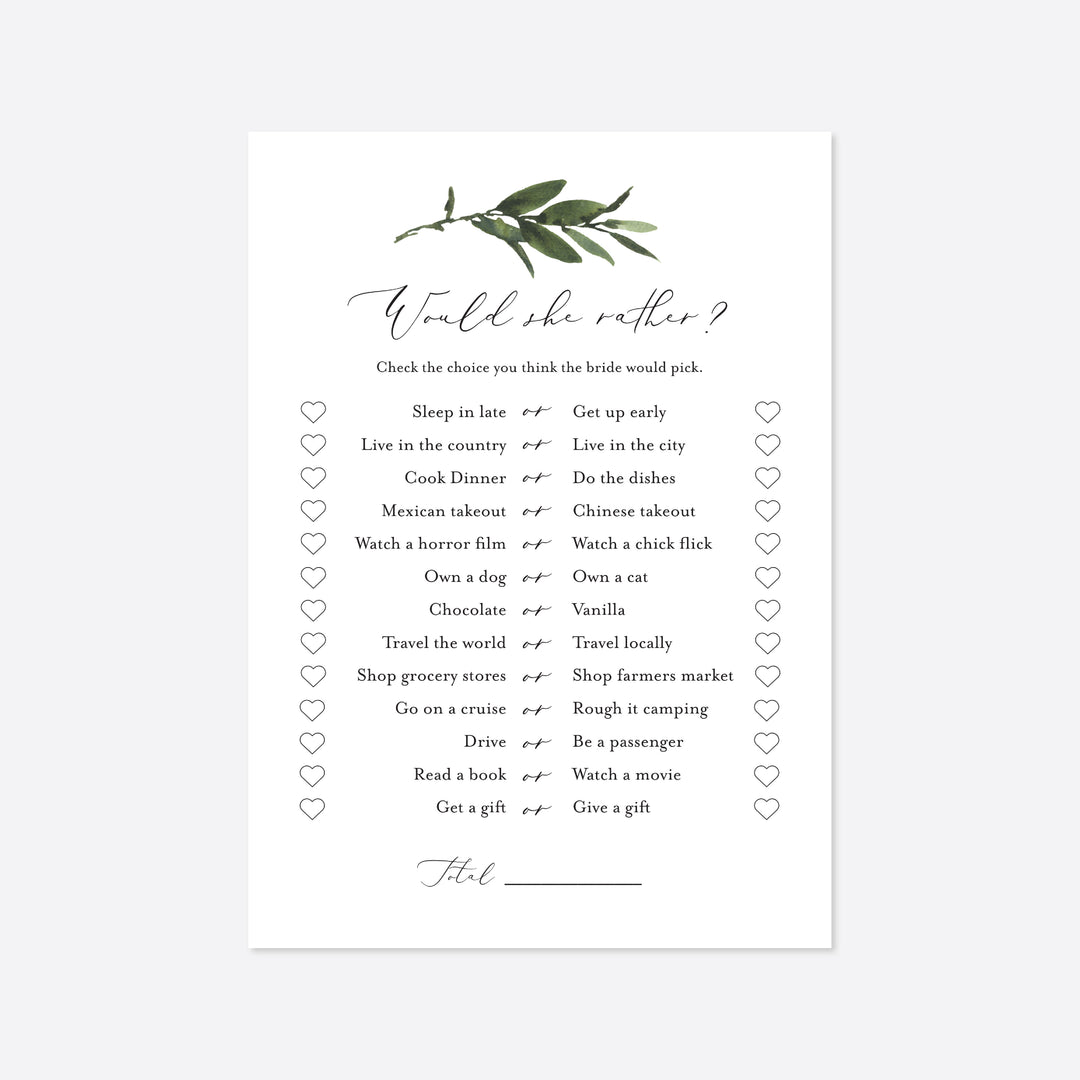 Foliage Bridal Shower Would She Rather Game Printable