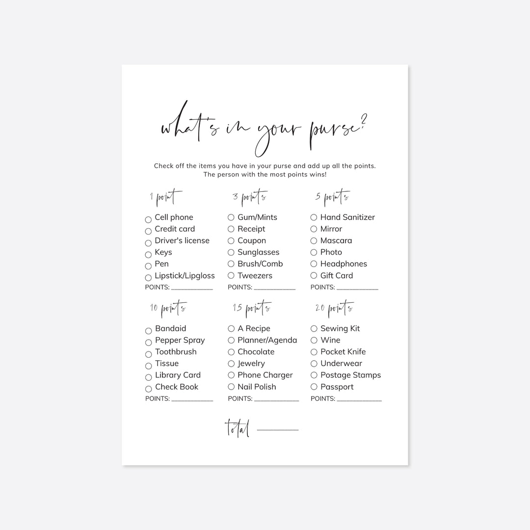 Modern Minimal Bridal Shower What's In Your Purse Game Printable