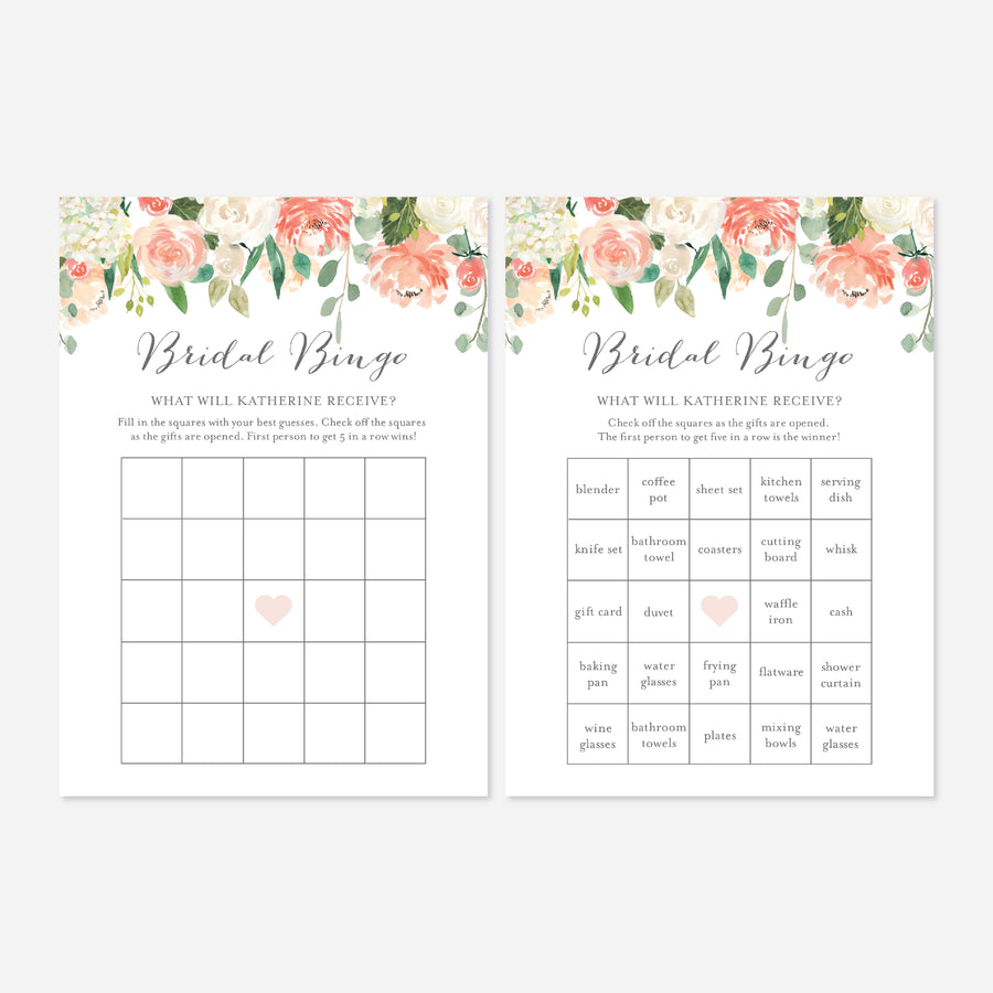 Peach and Cream Bridal Shower Bingo Game Printable