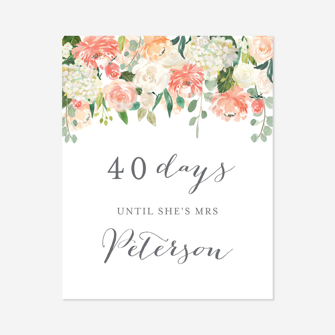 Peach and Cream Bridal Shower Days Until Mrs Sign Printable