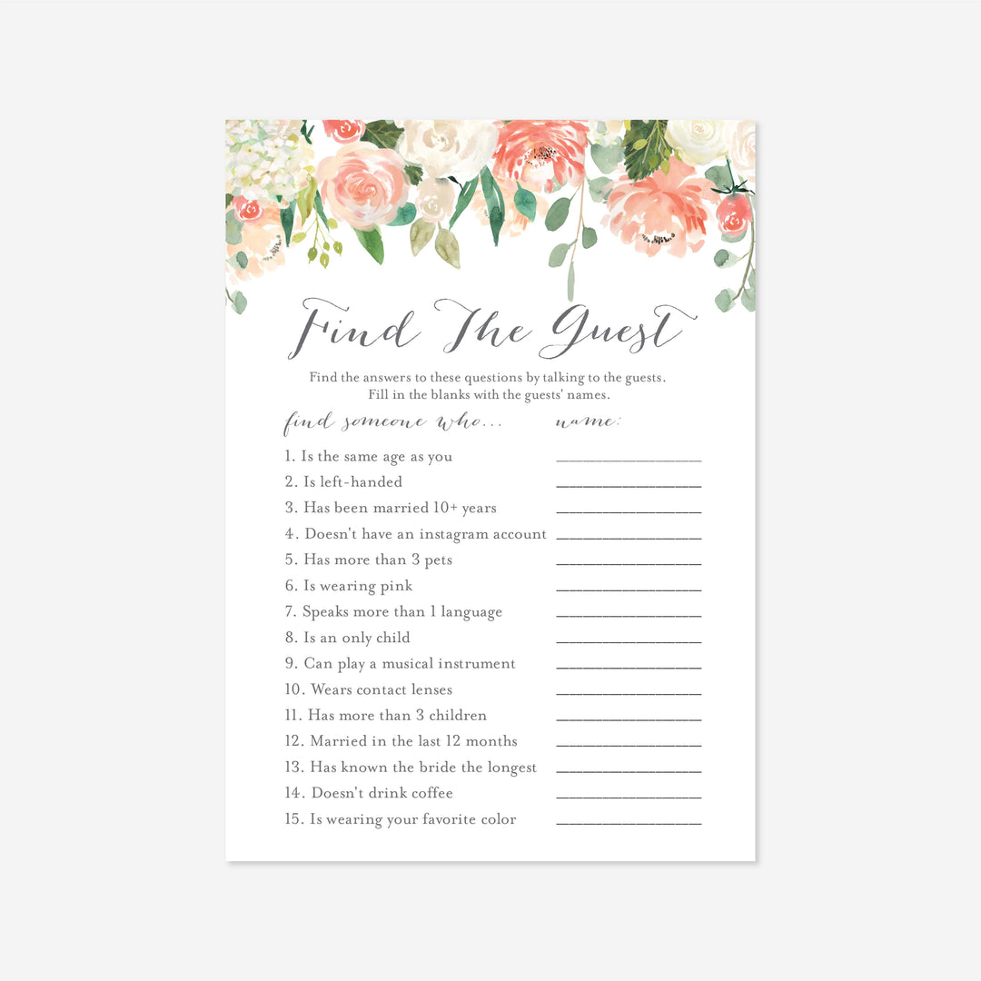 Peach and Cream Bridal Shower Find The Guest Game Printable