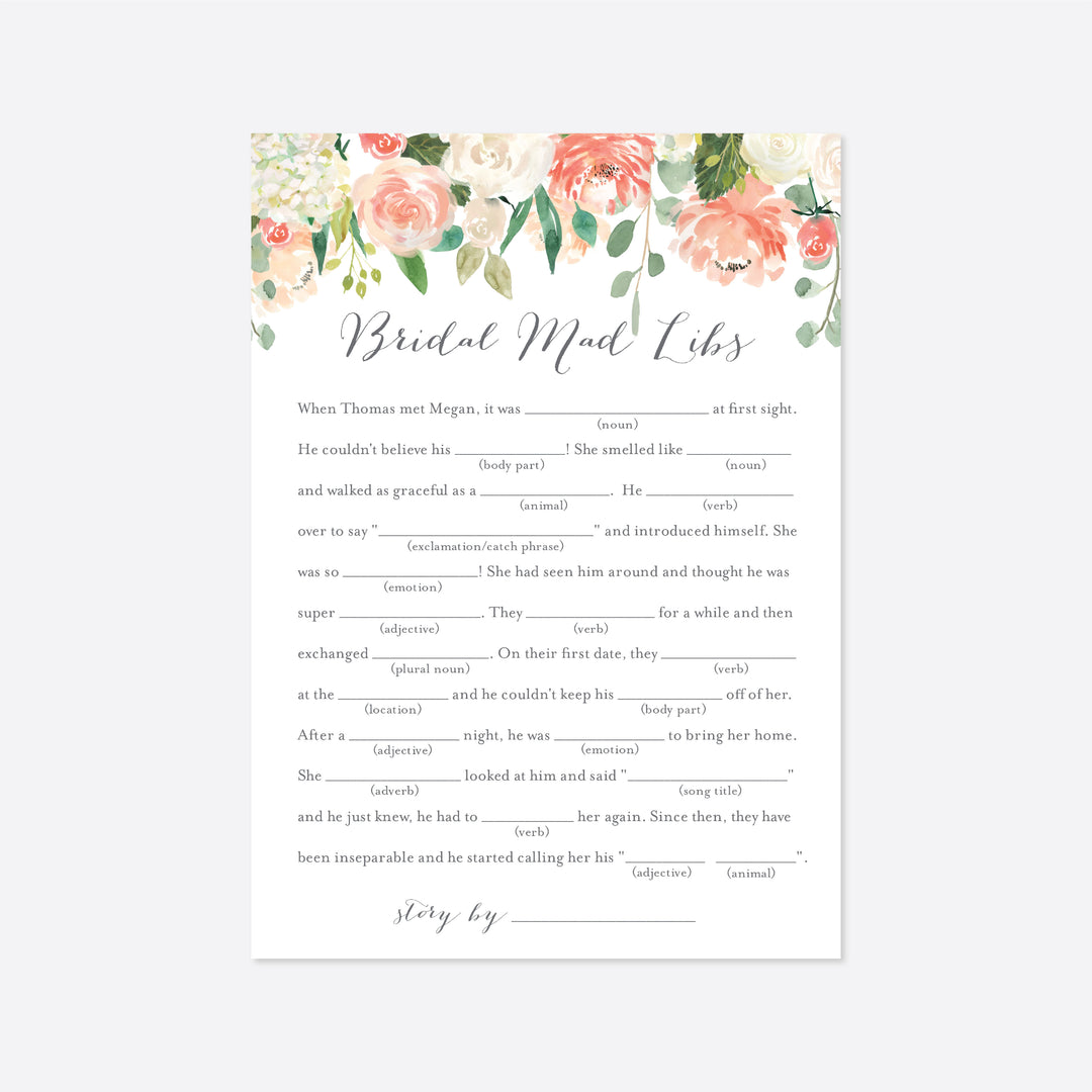 Peach and Cream Bridal Shower Mad Libs Game Printable