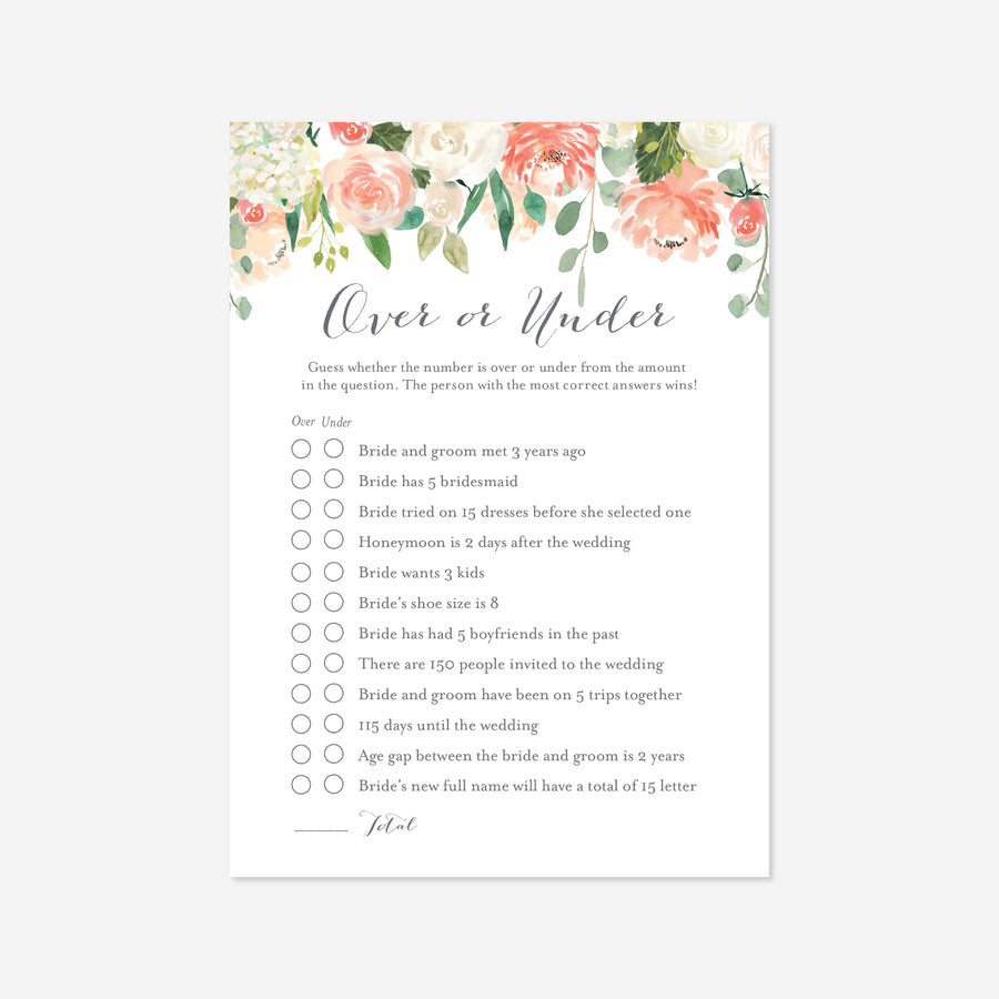 Peach and Cream Bridal Shower Over or Under Game Printable