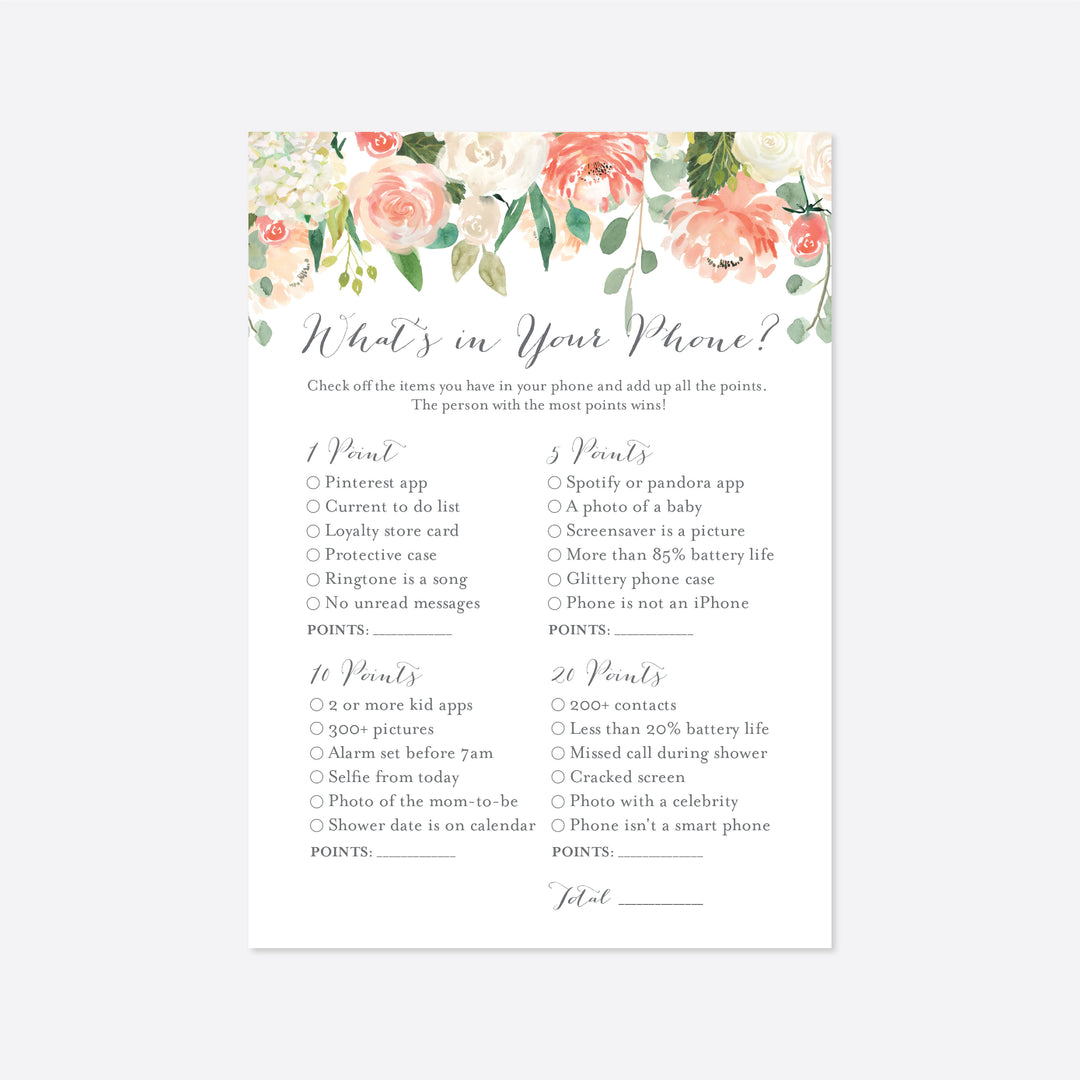 Peach and Cream Bridal Shower What's In Your Phone Game Printable
