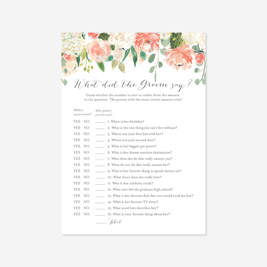 Peach and Cream Bridal Shower What Did The Groom Say Game Printable