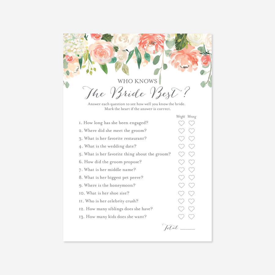 Peach and Cream Bridal Shower Who Knows The Bride Best Game Printable