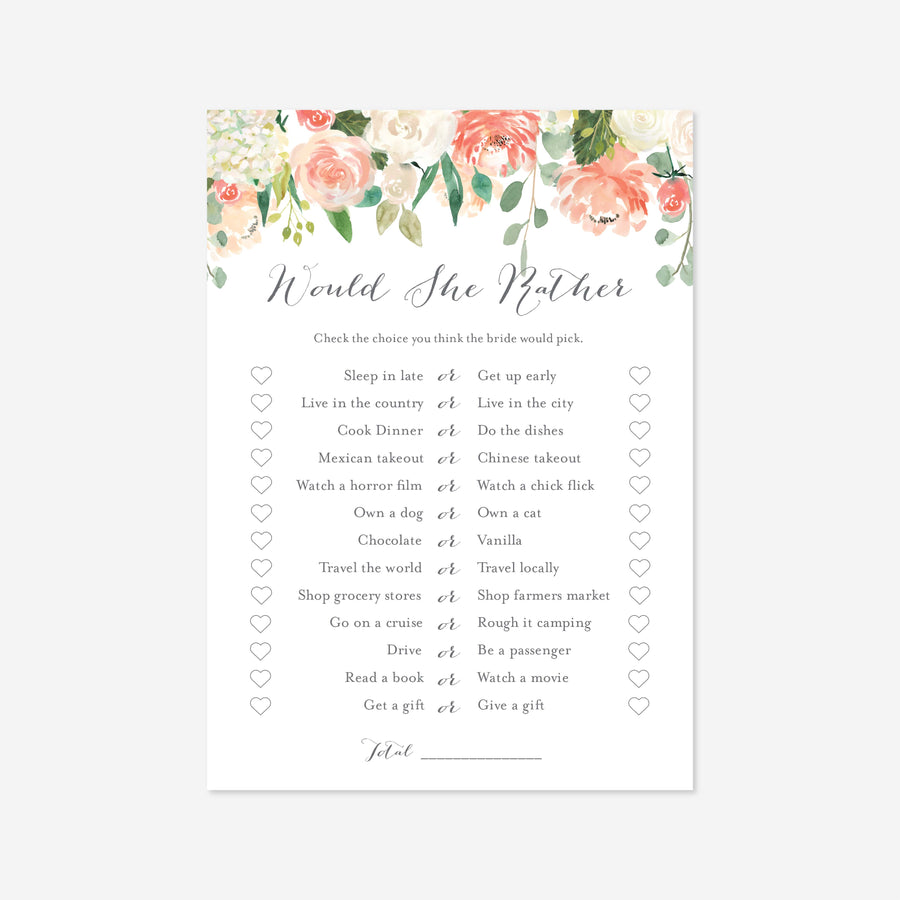 Peach and Cream Bridal Shower Would She Rather Game Printable