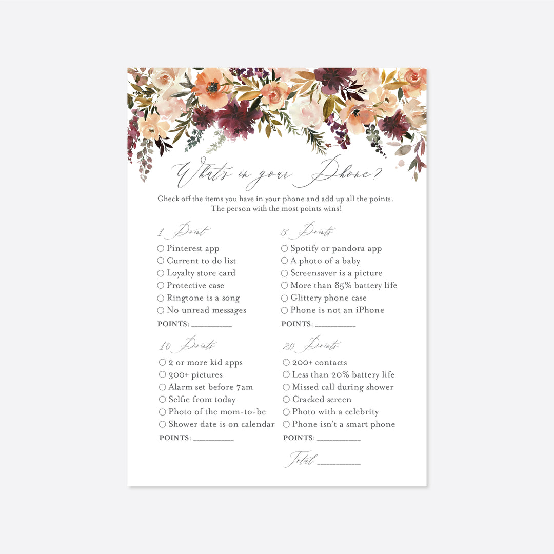 Romance Blush Bridal Shower What's In Your Phone Game Printable