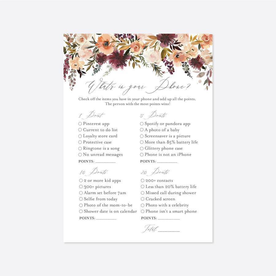 Romance Blush Bridal Shower What's In Your Phone Game Printable
