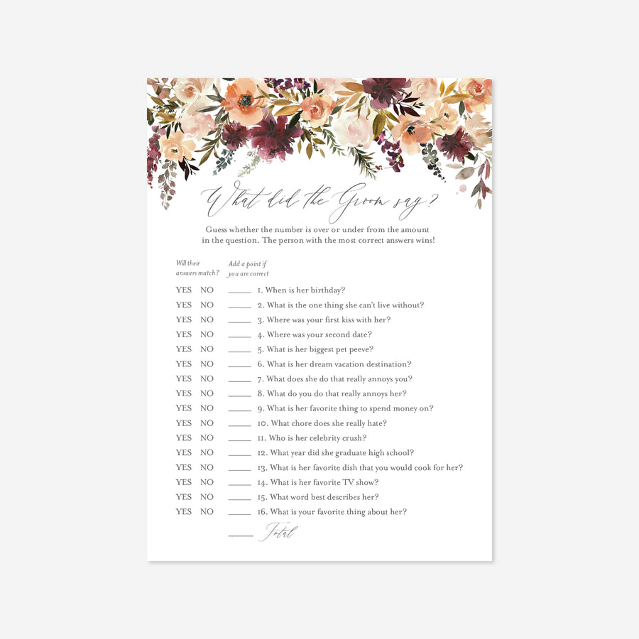 Romance Blush Bridal Shower What Did The Groom Say Game Printable