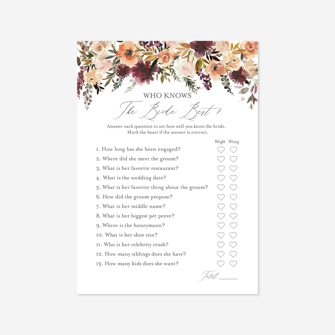 Romance Blush Bridal Shower Who Knows The Bride Best Game Printable