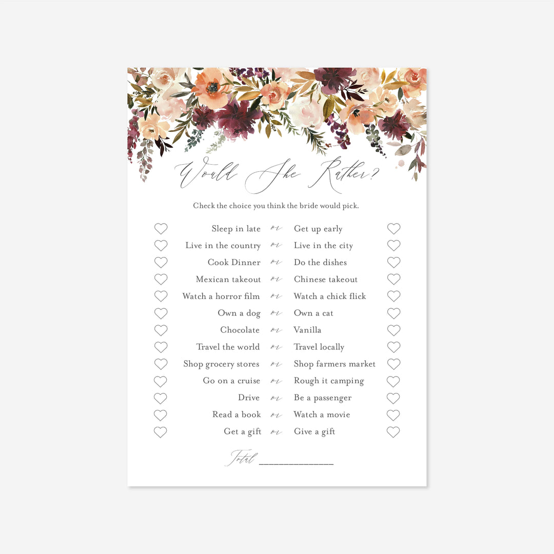 Romance Blush Bridal Shower Would She Rather Game Printable