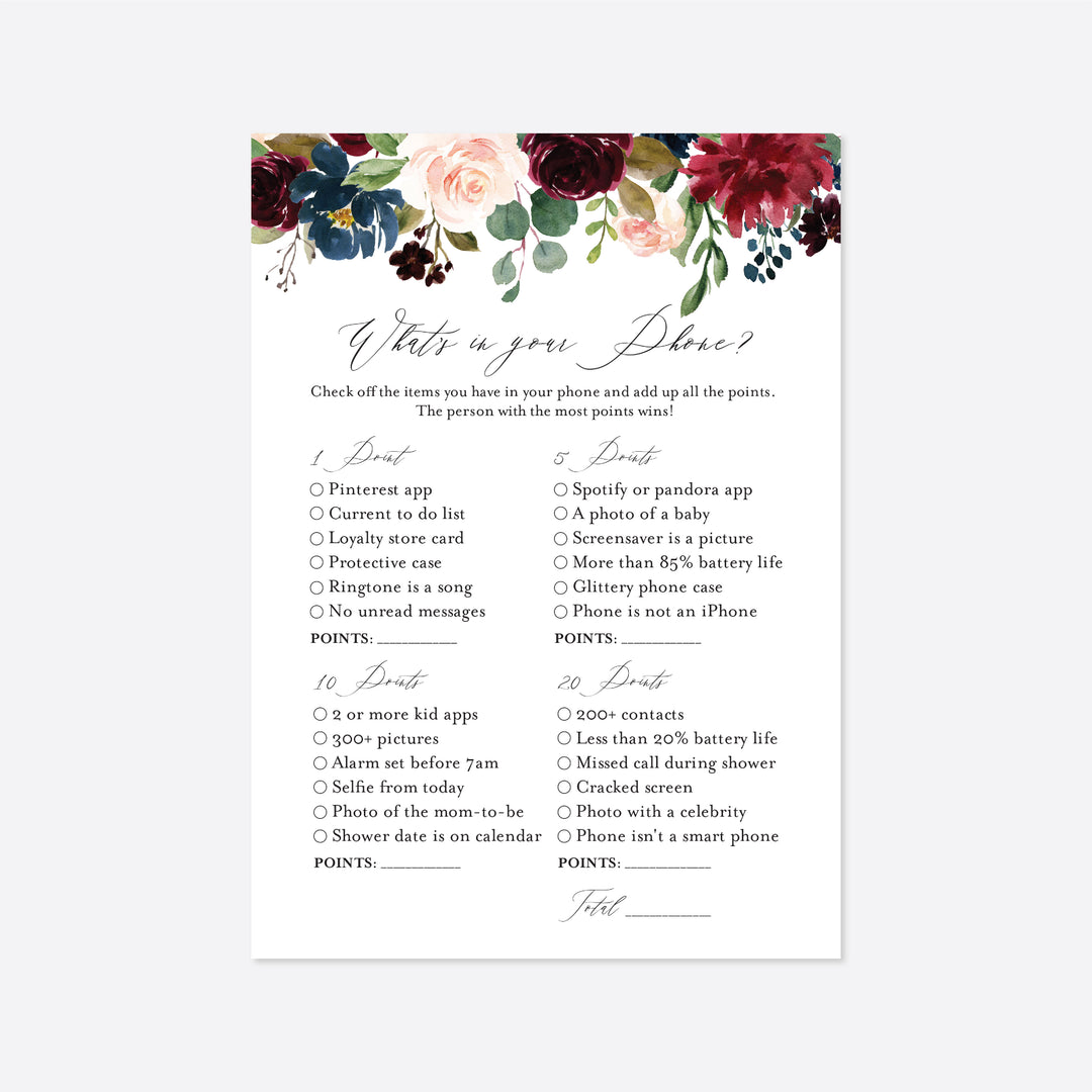 Burgundy Navy Bridal Shower What's In Your Phone Game Printable