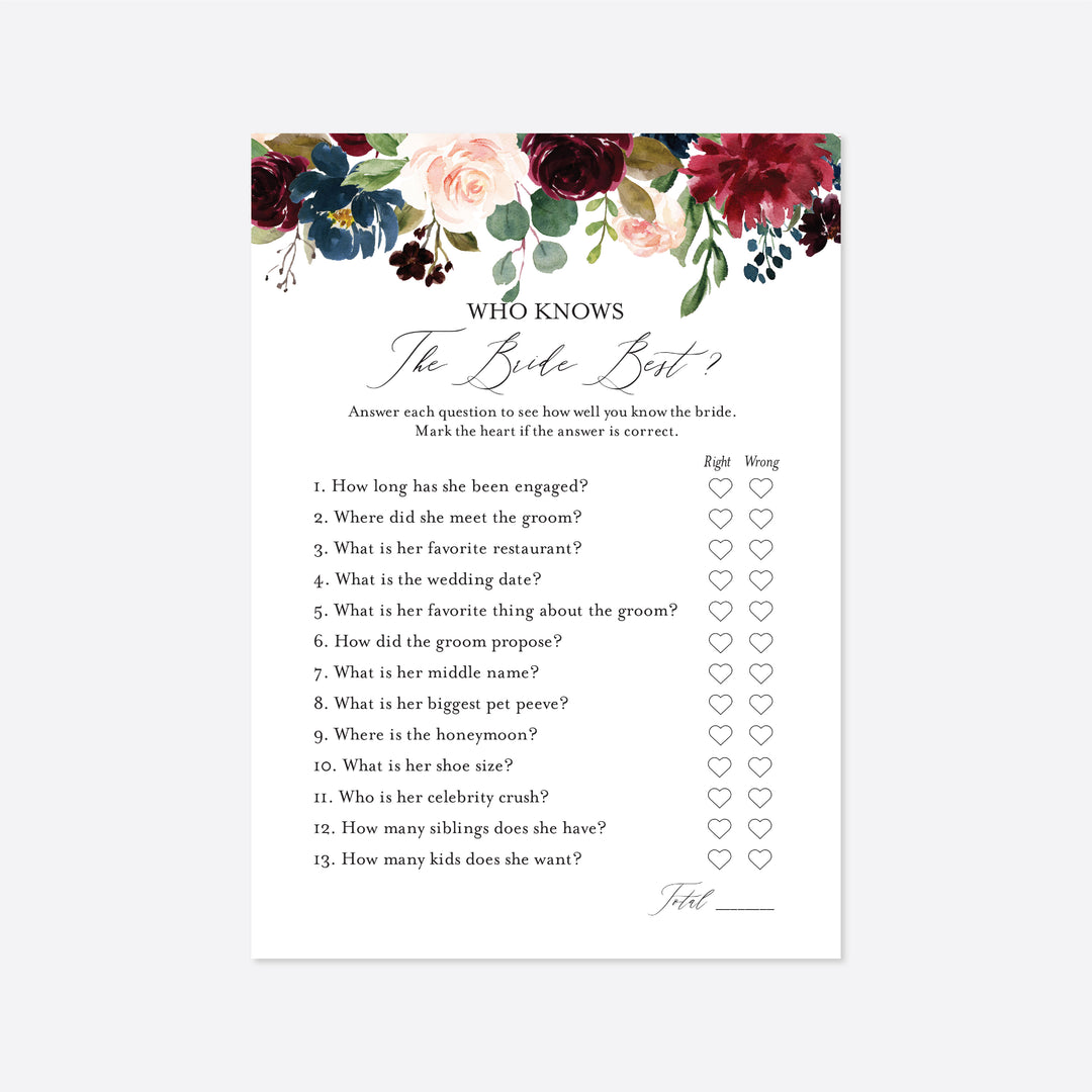 Burgundy Navy Bridal Shower Who Knows The Bride Best Game Printable