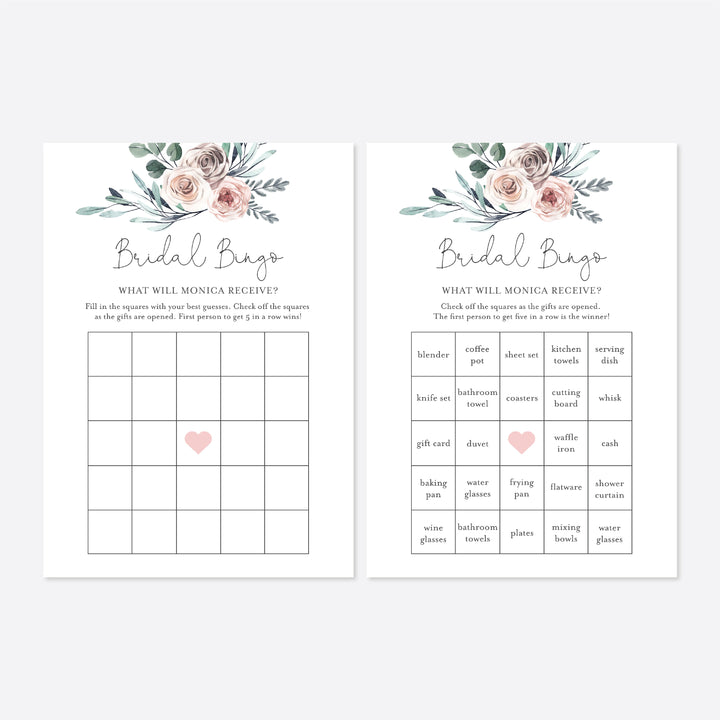 Boho Rose Bridal Shower Bingo Game Printable