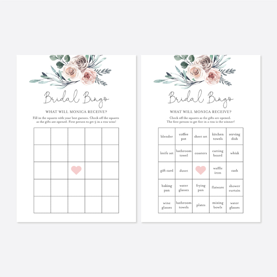 Boho Rose Bridal Shower Bingo Game Printable