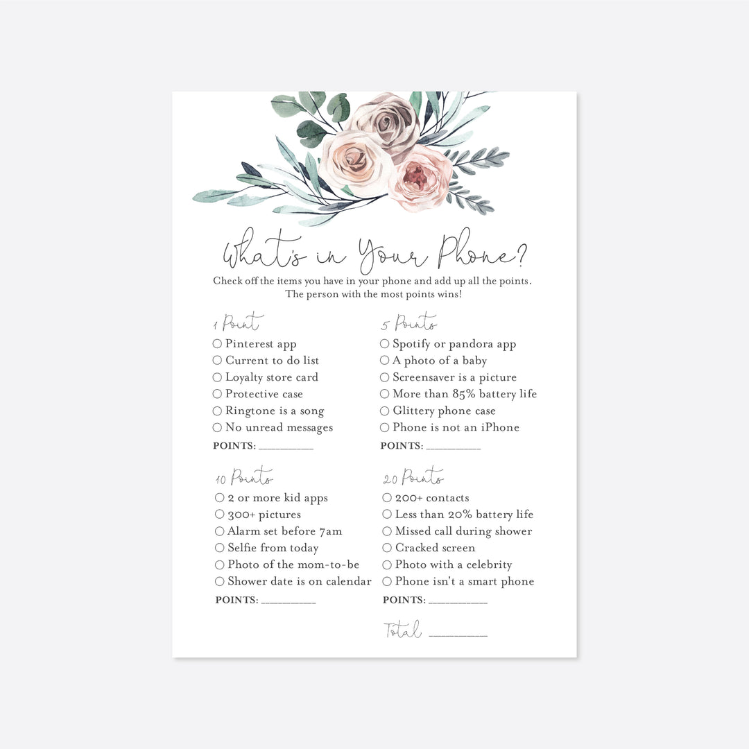 Boho Rose Bridal Shower What's In Your Phone Game Printable
