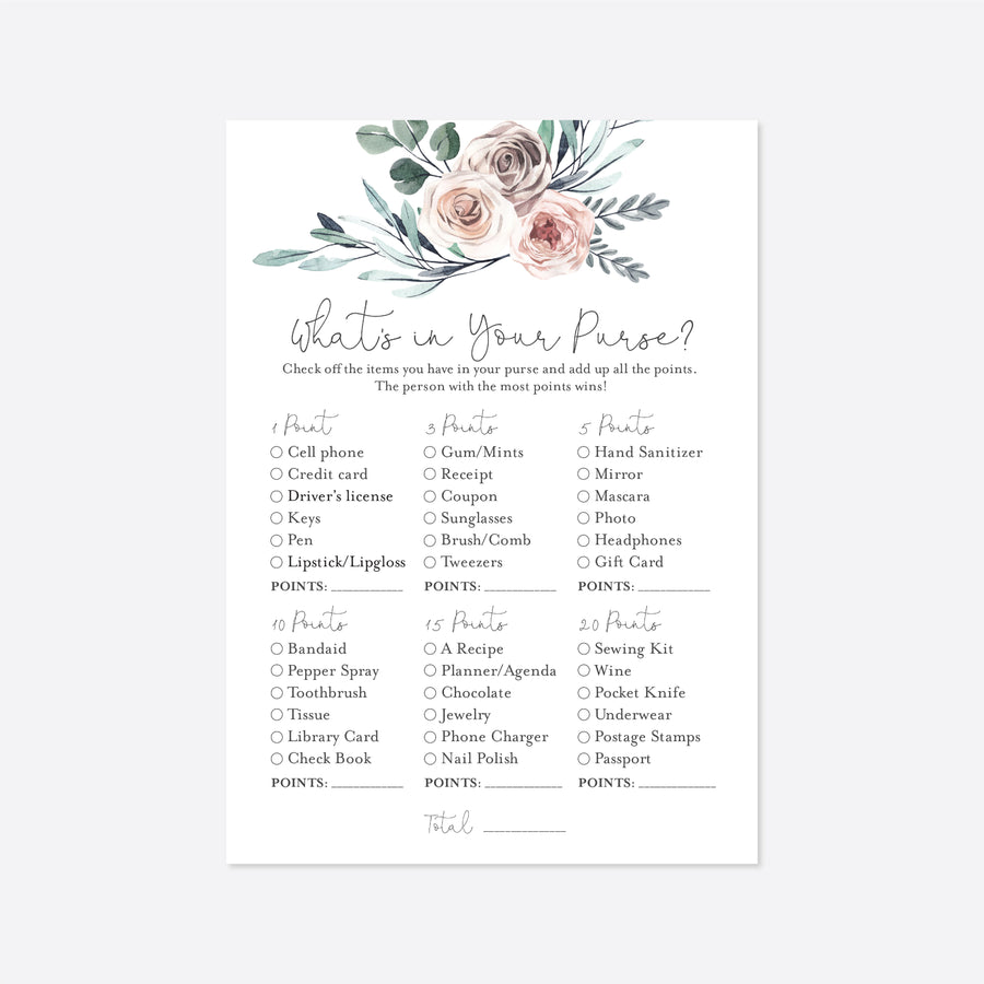 Boho Rose Bridal Shower What's In Your Purse Game Printable