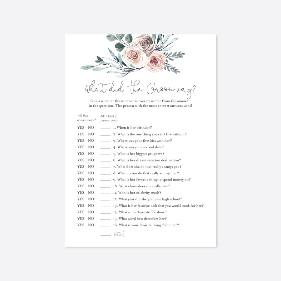 Boho Rose Bridal Shower What Did The Groom Say Game Printable