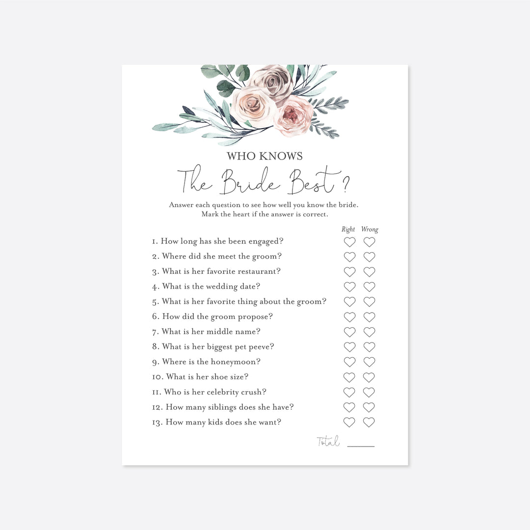 Boho Rose Bridal Shower Who Knows The Bride Best Game Printable