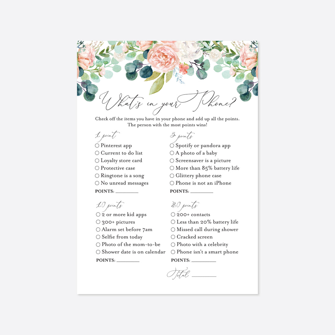 Blush Garden Bridal Shower What's In Your Phone Game Printable