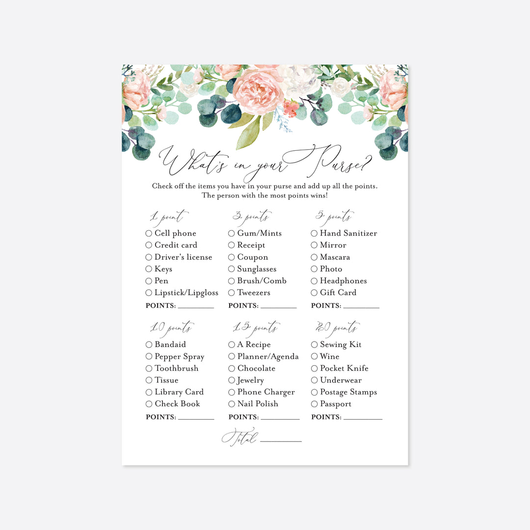 Blush Garden Bridal Shower What's In Your Purse Game Printable