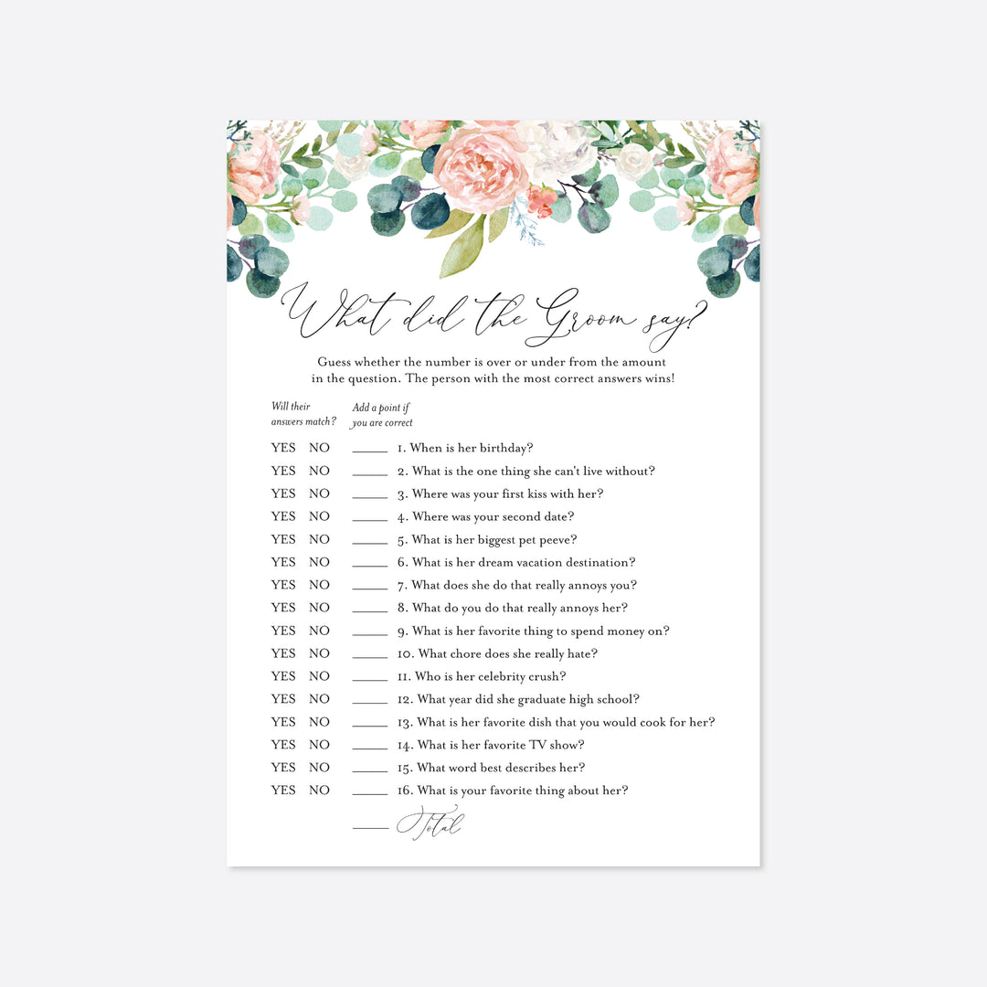 Blush Garden Bridal Shower What Did The Groom Say Game Printable