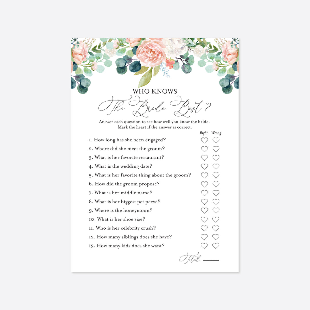 Blush Garden Bridal Shower Who Knows The Bride Best Game Printable