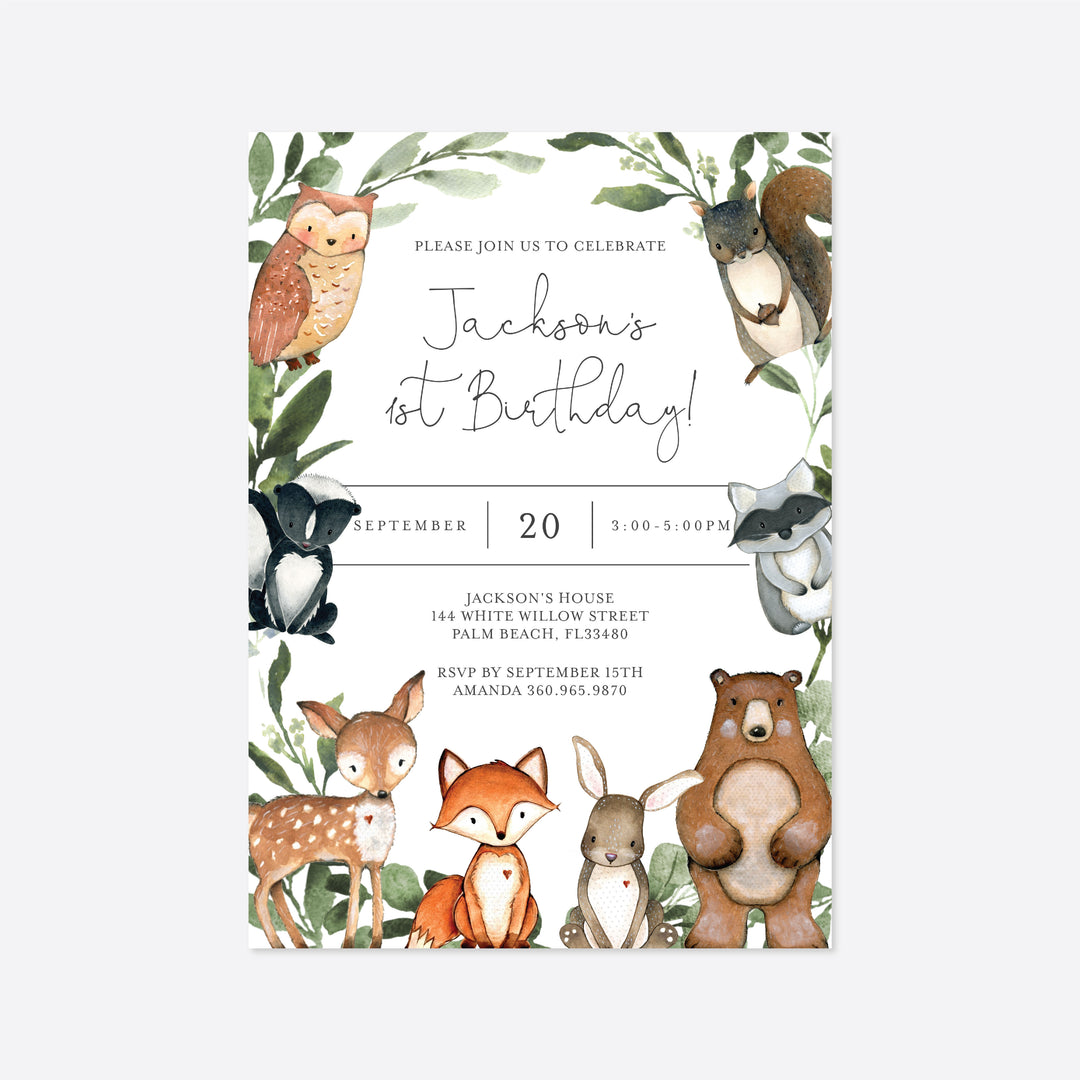 Woodland Animals Kids Birthday Invitation Printable