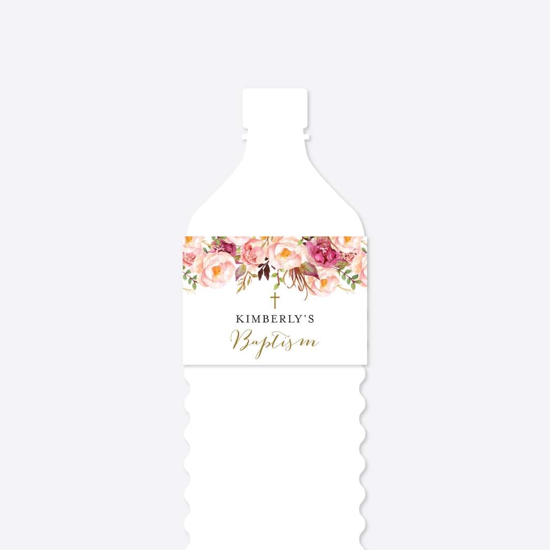 Pink Floral Baptism Water Bottle Label Printable
