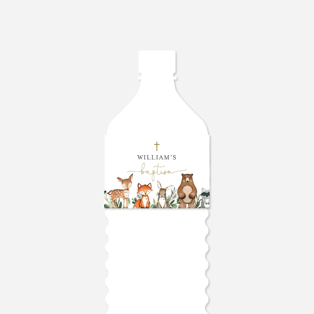 Woodland Animals Baptism Water Bottle Label Printable