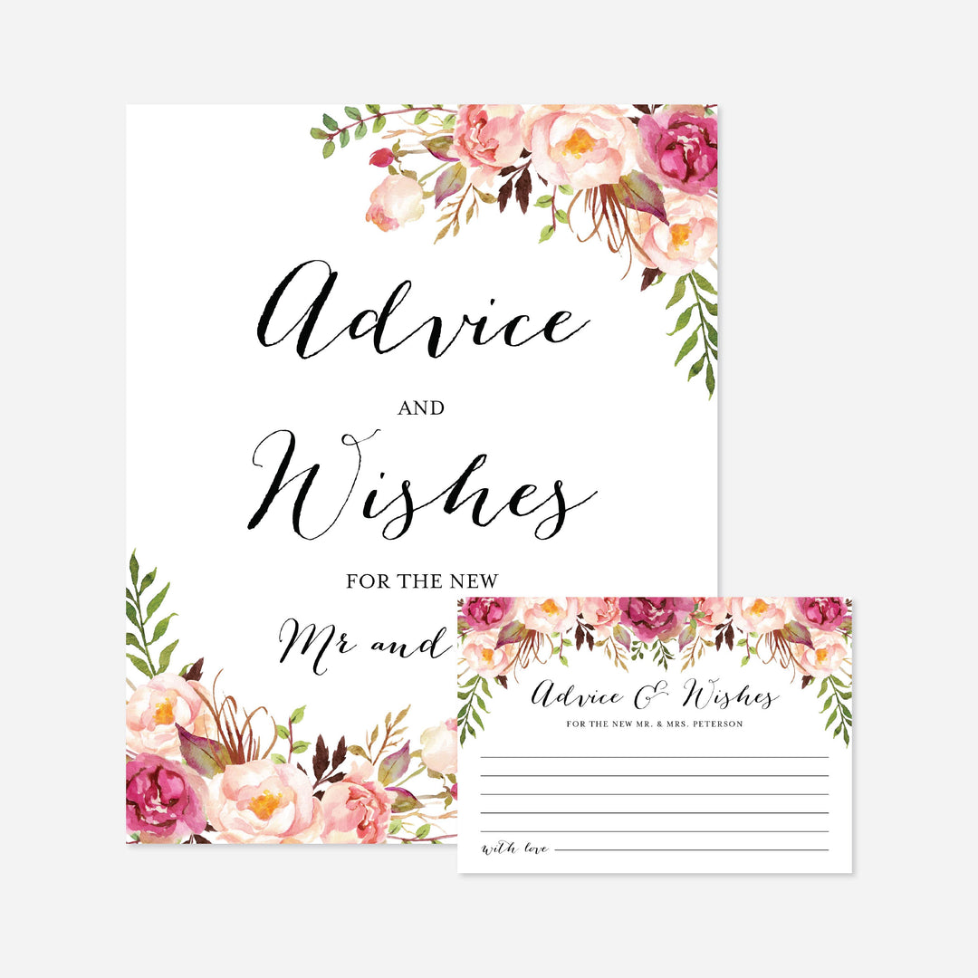 Pink Floral Wedding Advice and Wishes Printable
