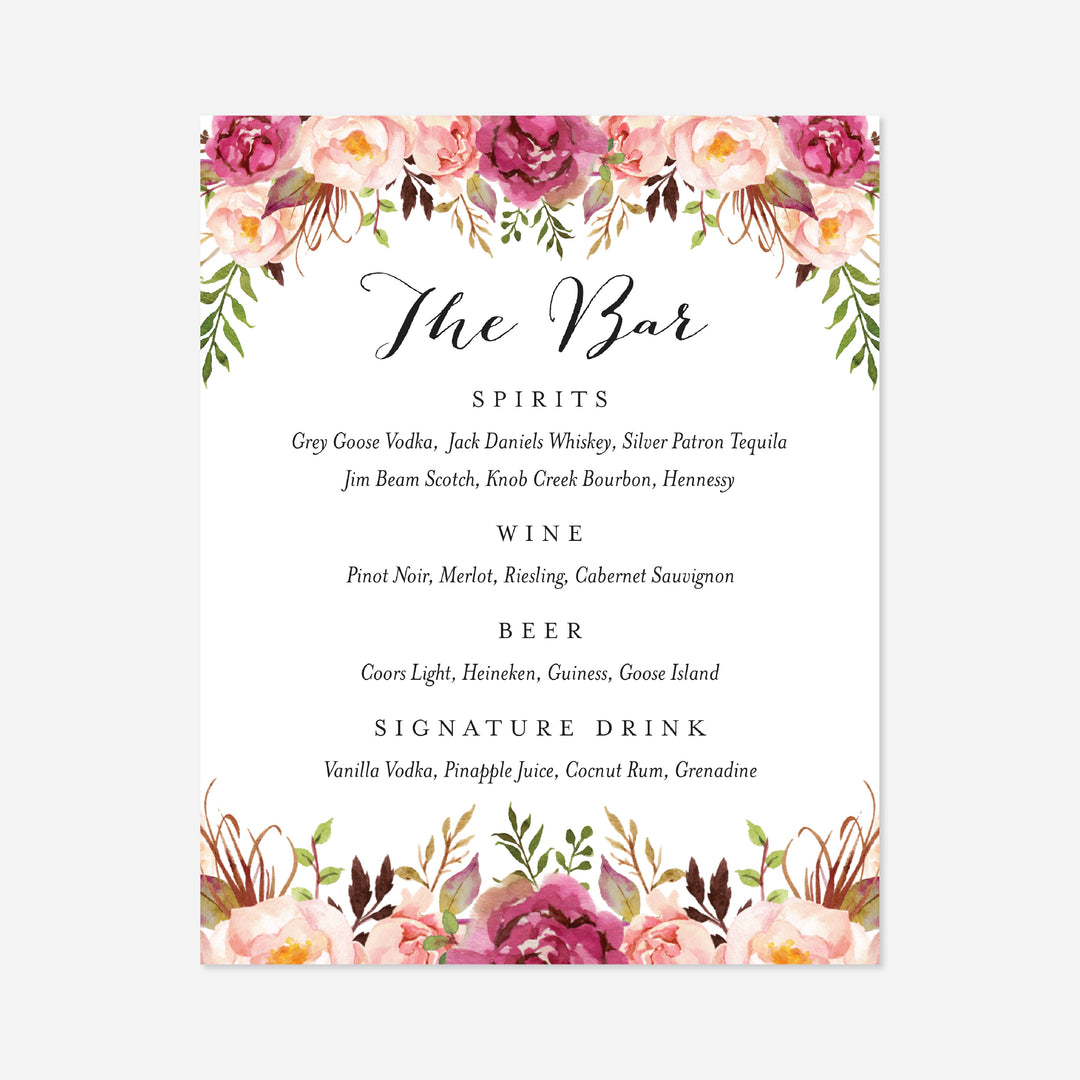 Pink Floral Wedding Bar Menu Sign Printable