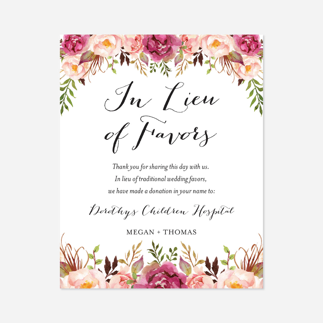 Pink Floral Wedding In Lieu Of Favors Sign Printable
