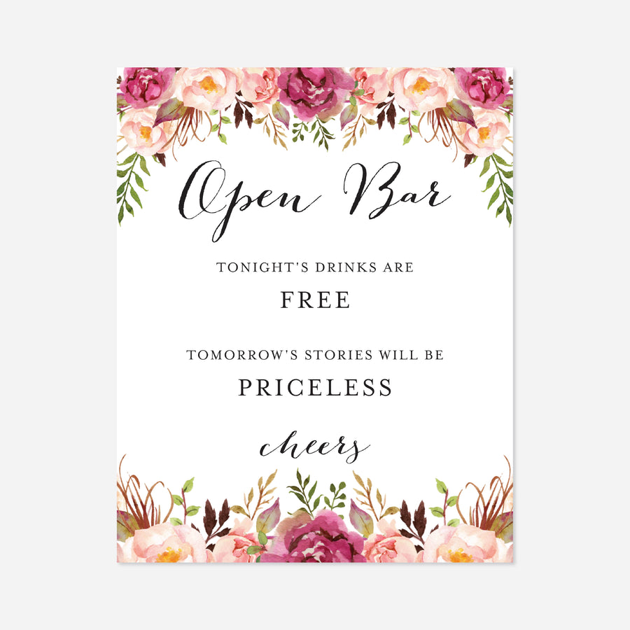 Pink Floral Wedding Open Bar Sign Printable