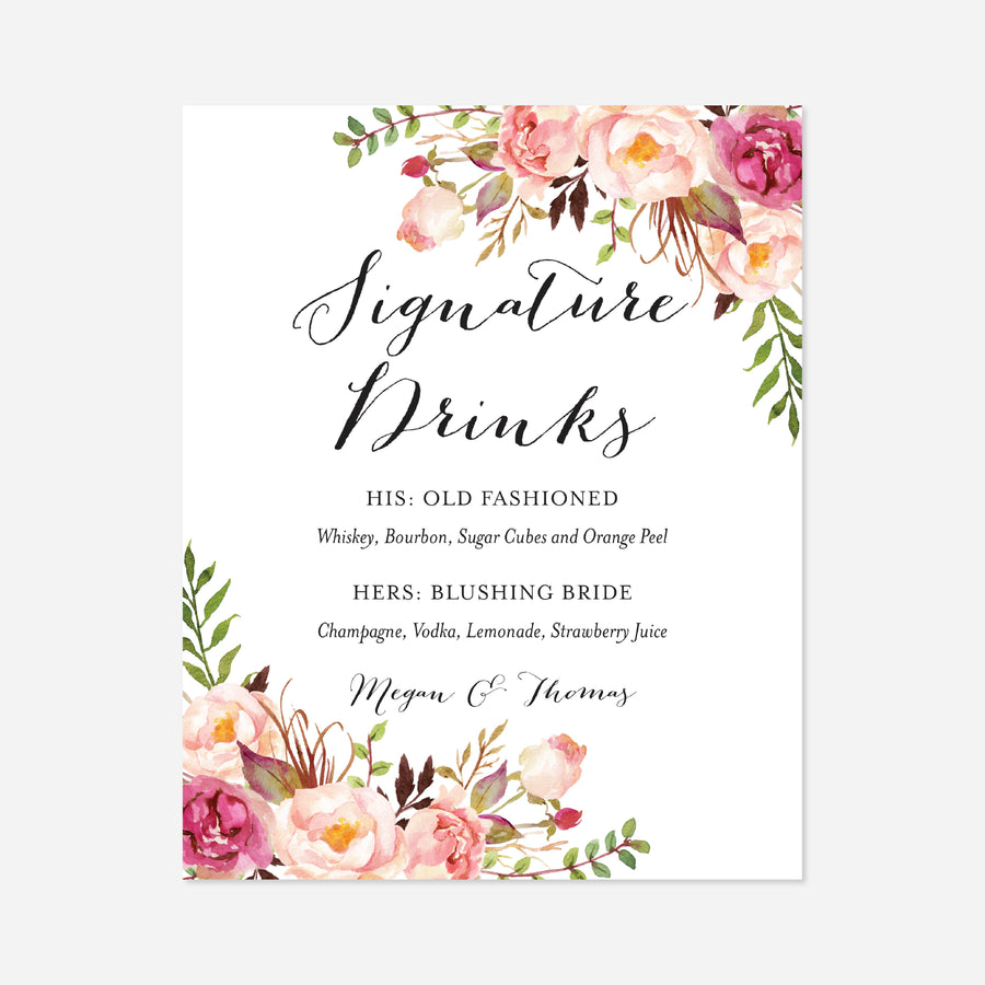 Pink Floral Wedding Signature Drinks Sign Printable