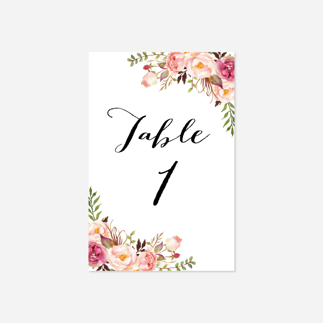 Pink Floral Wedding Table Number Printable